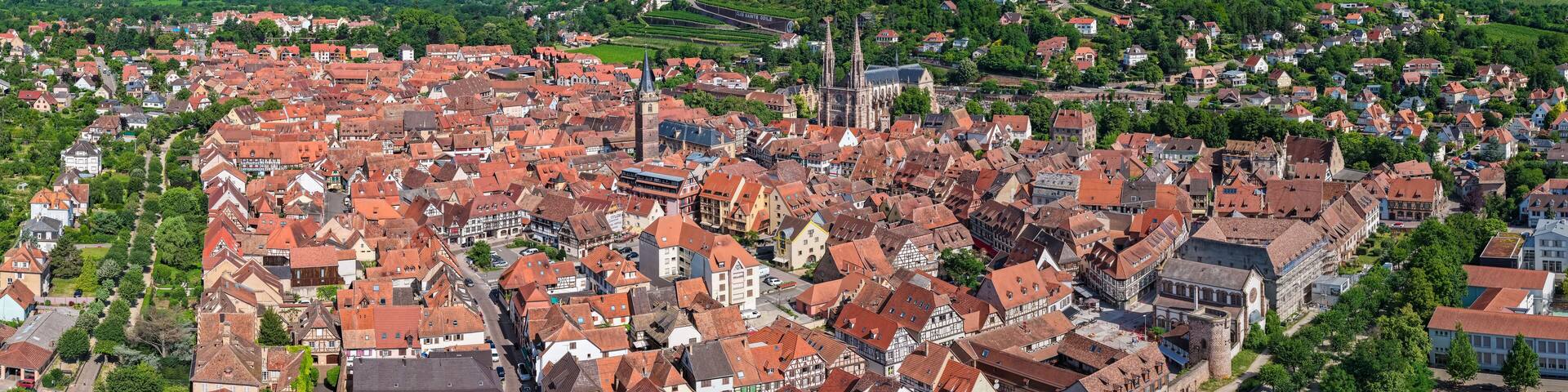 A historic town with red-roofed buildings, a prominent church, and surrounding green hills.