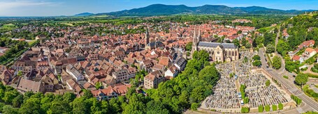 Ein Luftbild einer historischen Stadt mit roten Dächern, einer markanten Kirche und einem Friedhof.