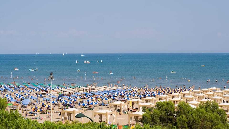 A crowded beach with numerous umbrellas and people enjoying the water.