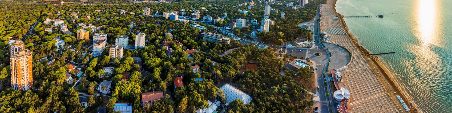 An aerial view of a coastal city with dense greenery, a beach with umbrellas, and a prominent bridge.