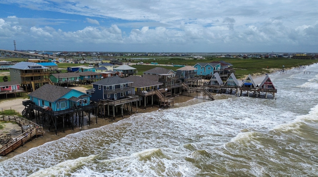 Waves from rough surf crashing onto the barrier island of Galveston, Texas during a tropical system that moved through the area.