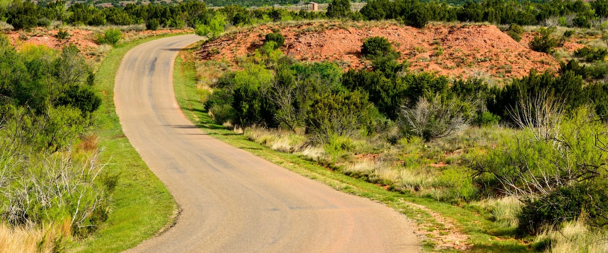 A winding road through a desert landscape with red rock formations in the background.