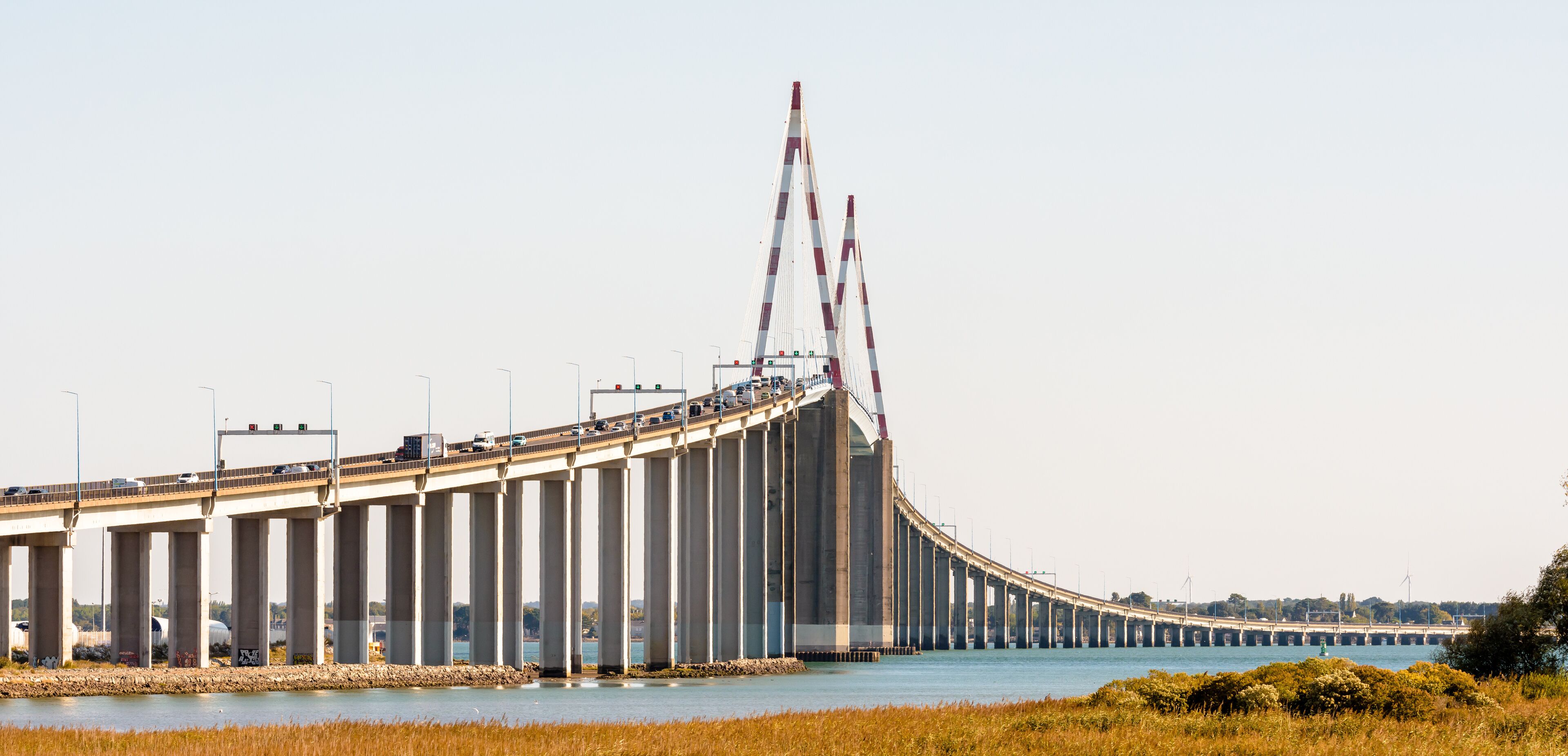 Panoramic view of the Saint-Nazaire bridge, France, a cable-stayed bridge built in 1974 over the estuary of the river Loire between Saint-Nazaire and Saint-Brevin-les-Pins.