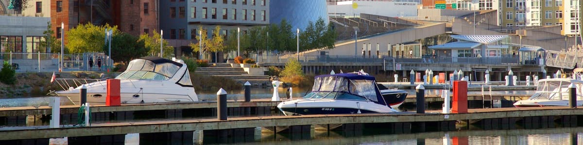 A marina with boats docked, a modern building with a unique shape, and a cityscape with various buildings in the background.