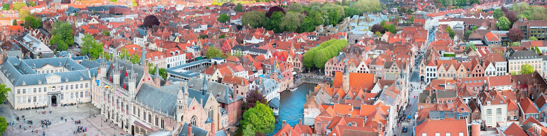 Large aerial view panorama of the historic part of Bruges, Belgium