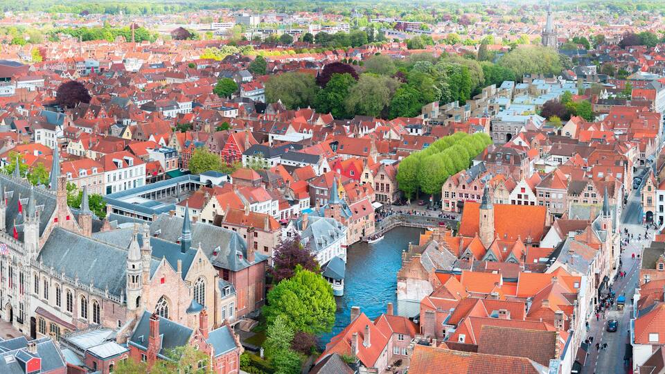 Large aerial view panorama of the historic part of Bruges, Belgium