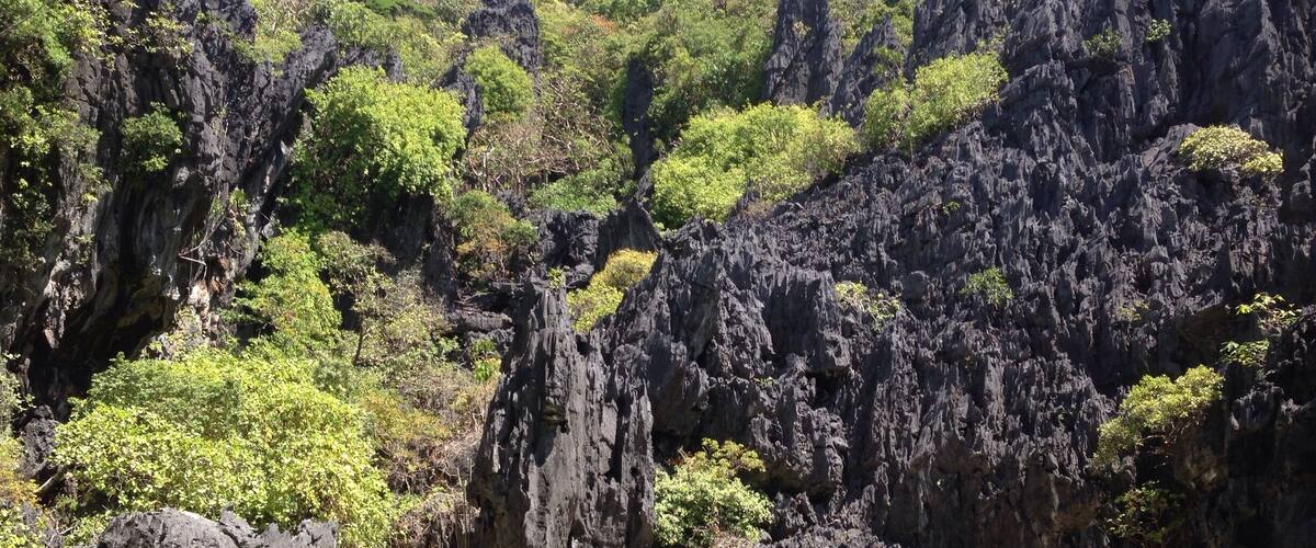 A tropical beach with clear waters, rocky cliffs, and lush greenery.