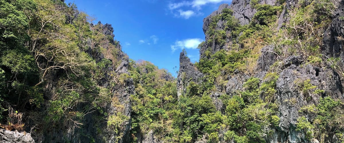 A clear turquoise sea surrounded by rocky cliffs and dense green foliage.