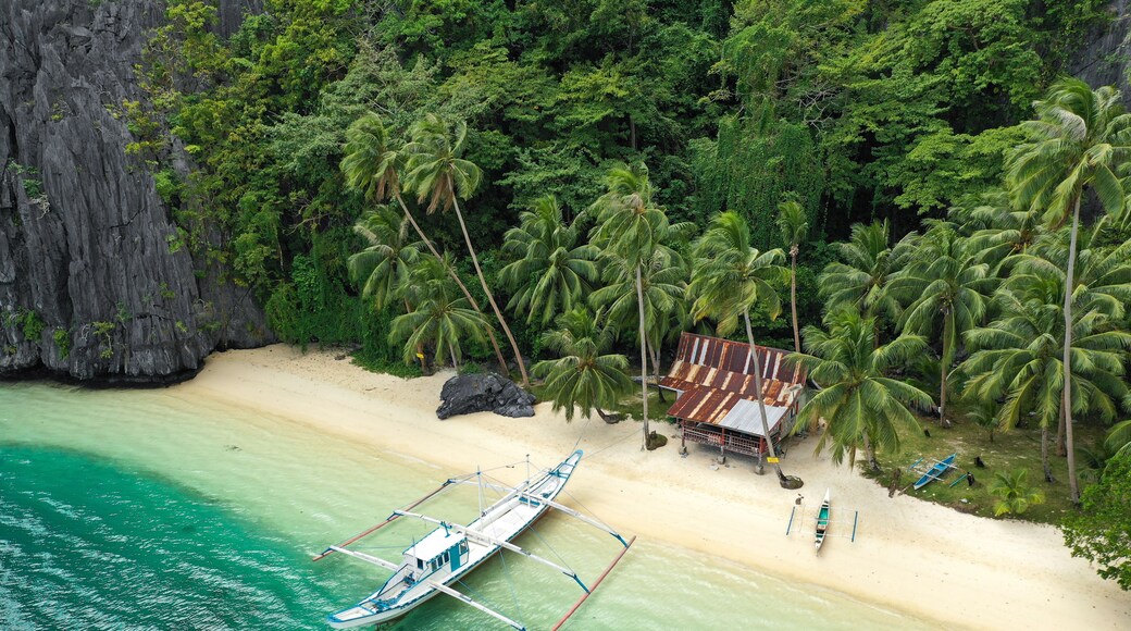 Aerial drone view of turquoise coastal waters and limestone cliffs in El Nido archipelago tourist destination. El Nido, Palawan, Philippines.