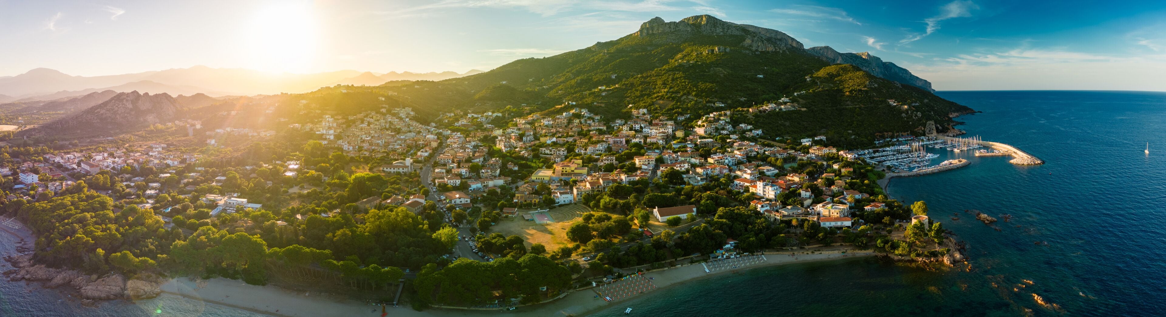 Aerial drone view of the Santa Maria Navarrese beach. Sardinia, Italy