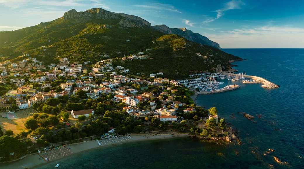Aerial drone view of the Santa Maria Navarrese beach. Sardinia, Italy