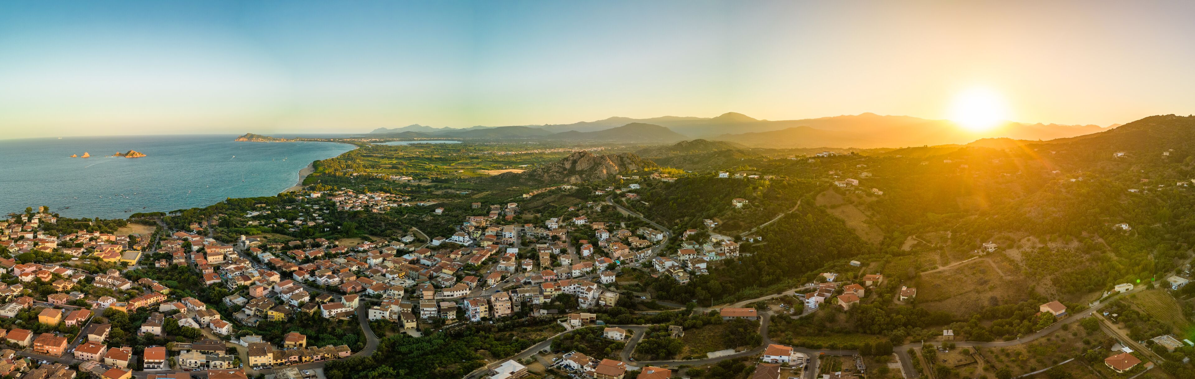 Aerial drone view of the Santa Maria Navarrese beach. Sardinia, Italy