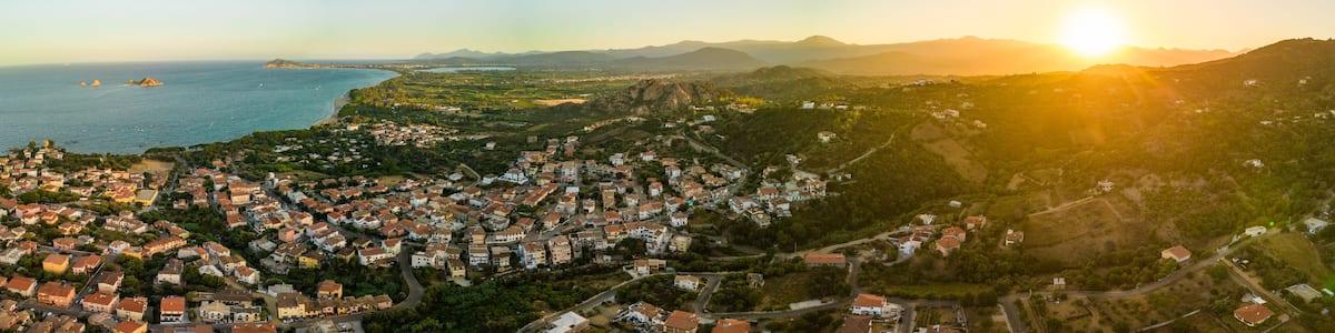 Aerial drone view of the Santa Maria Navarrese beach. Sardinia, Italy