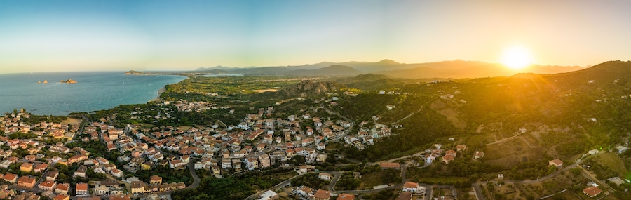 Aerial drone view of the Santa Maria Navarrese beach. Sardinia, Italy