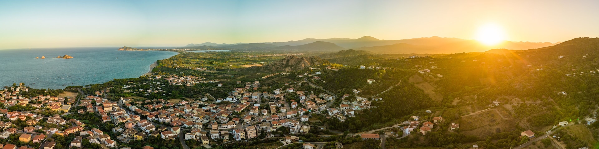 Aerial drone view of the Santa Maria Navarrese beach. Sardinia, Italy