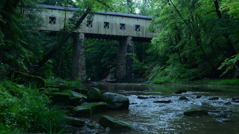 A wooden covered bridge over a river surrounded by lush greenery.