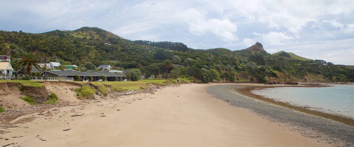 Una playa arenosa con colinas verdes exuberantes al fondo y un cielo despejado.