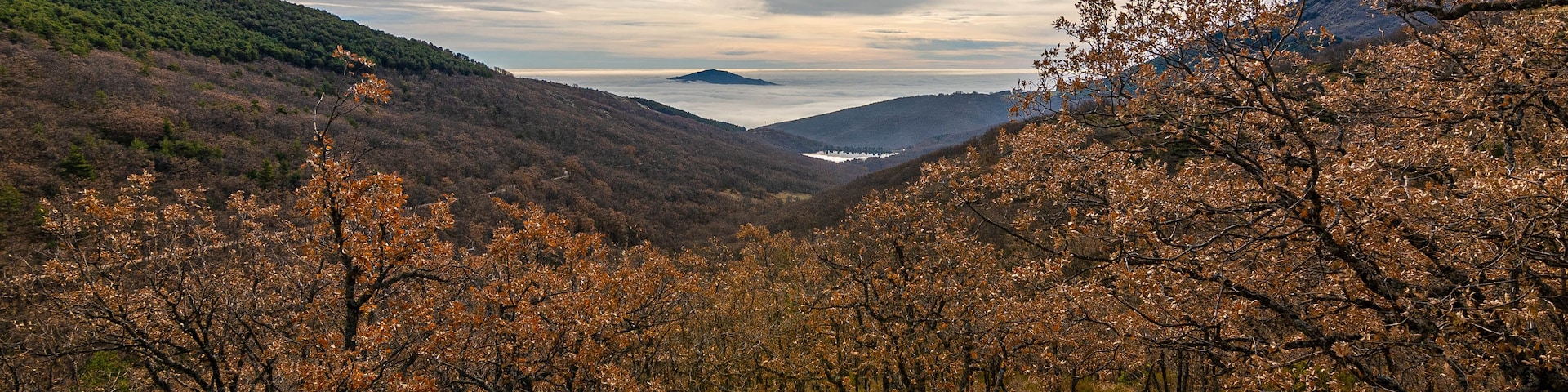 Winter dawn, very cold and windy day in the port of La Morcuera, Miraflores, Madrid.