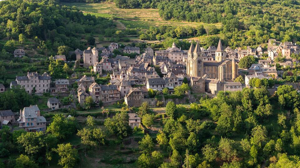 panoramic view of Conques, France. Old medieval village.