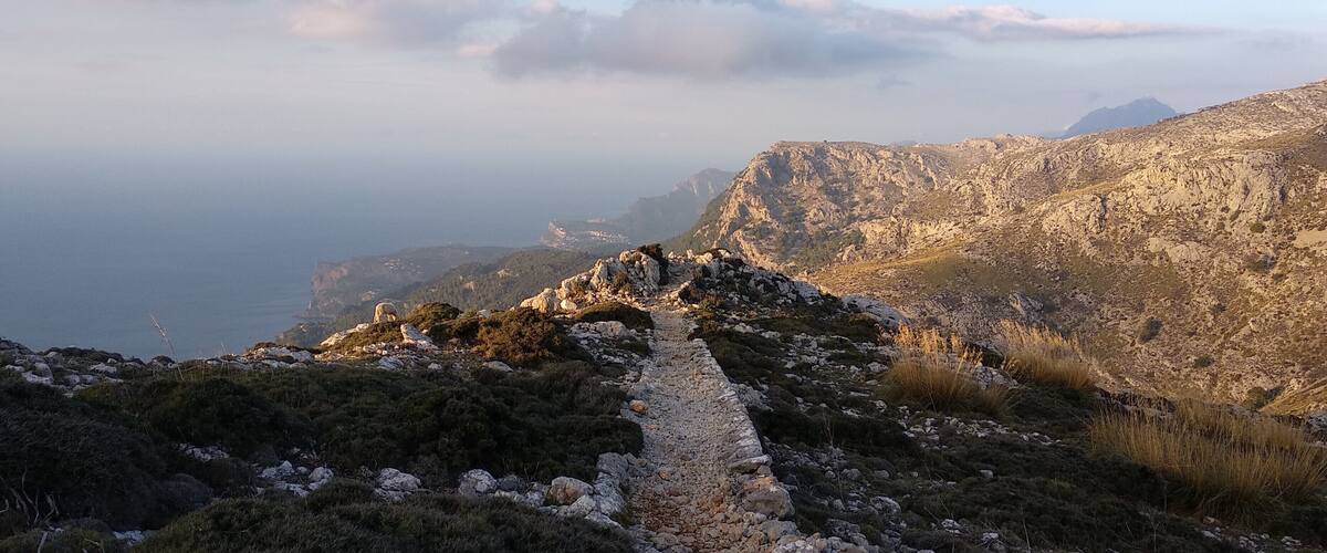A rocky mountain path with sparse vegetation and distant cliffs.