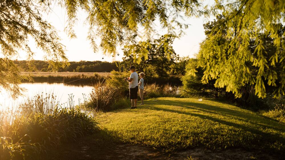 A person standing by a lake with trees and grass in the foreground.
