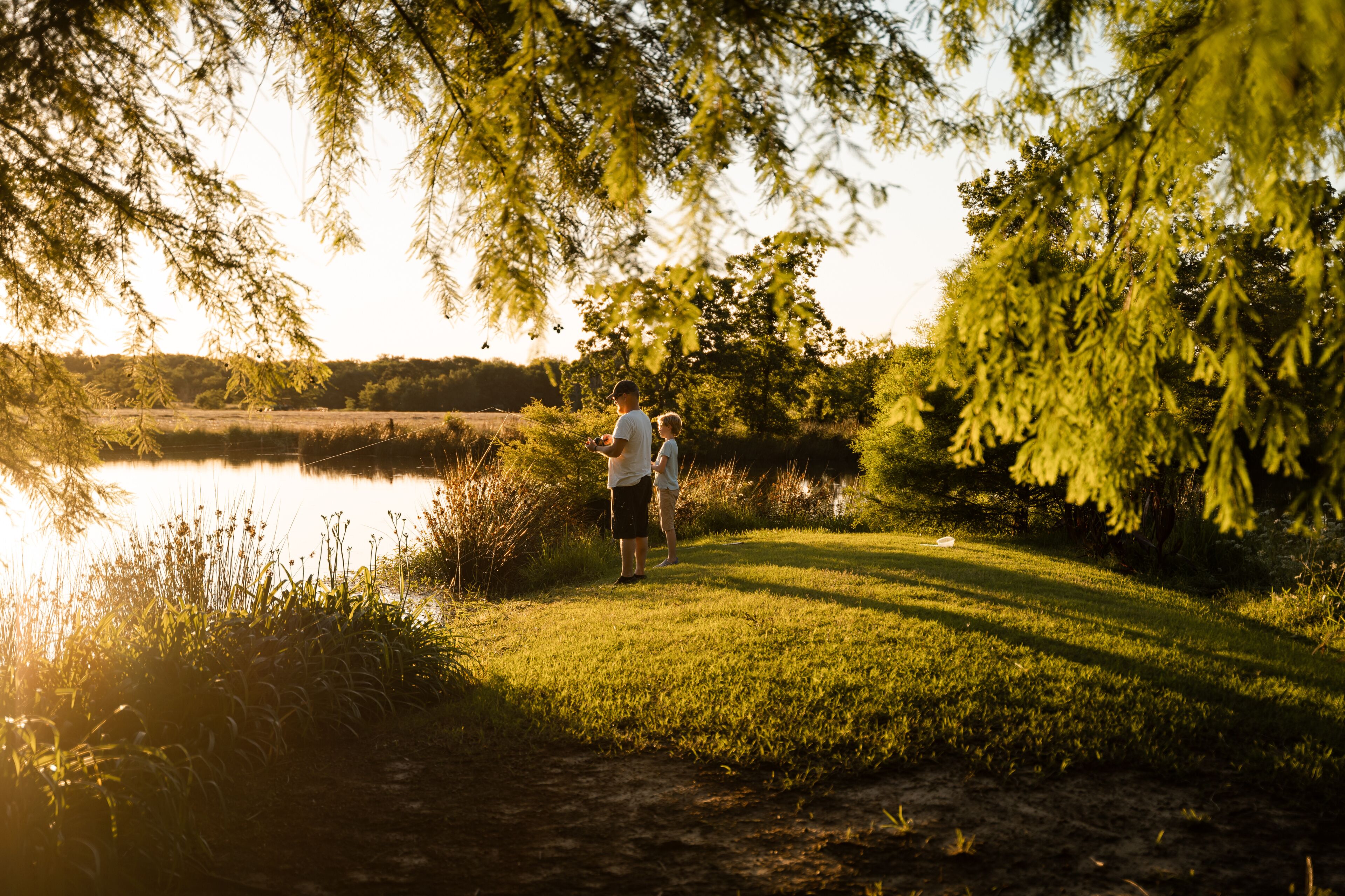 A person standing by a lake with trees and grass in the foreground.