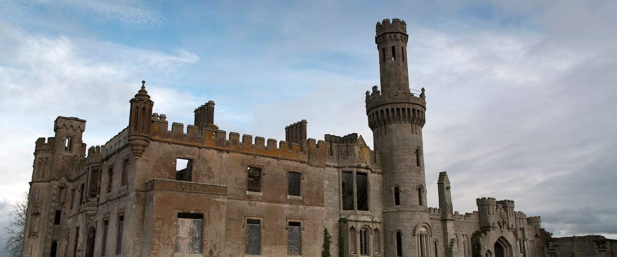 A large, historic castle with a prominent tower and multiple towers, surrounded by a grassy field.