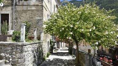 Narrow street surrounded by stony buildings in village San Donato Val di Comino
