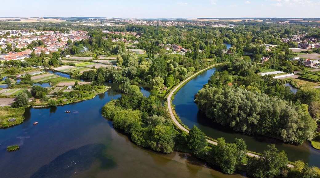 Aerial view of the Hortillonnages of Amiens made of several islands covered with gardens sheds and plantations in a swampy area of the river Somme in Picardie, France