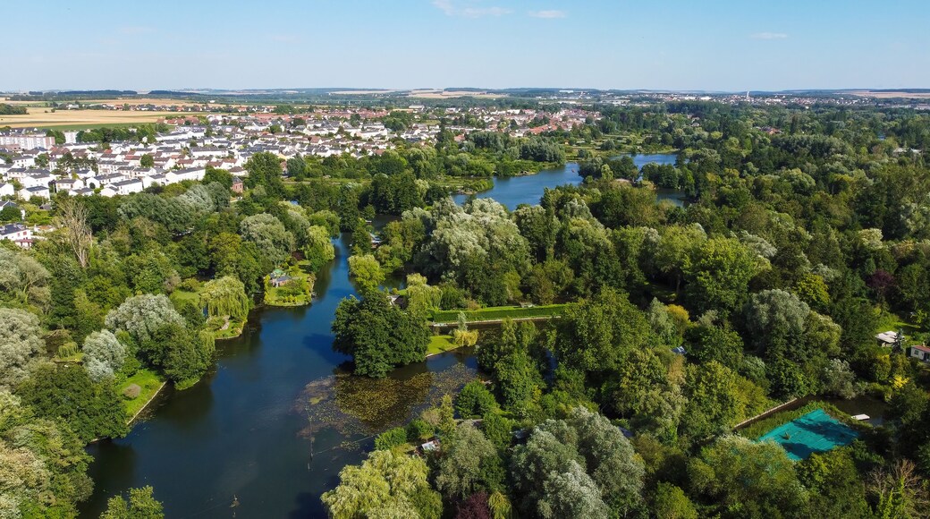 Aerial view of the Hortillonnages of Amiens made of several islands covered with gardens sheds and plantations in a swampy area of the river Somme in Picardie, France