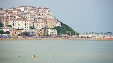 Uma cidade costeira com edifícios históricos e uma praia.