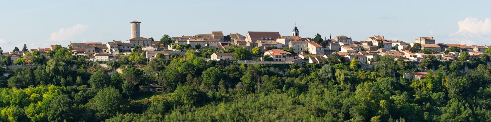 A hillside town with historic buildings and a prominent tower.