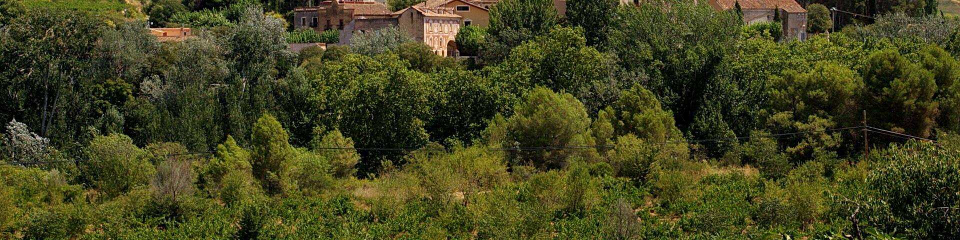 A historic town with medieval architecture, surrounded by lush greenery and hills.