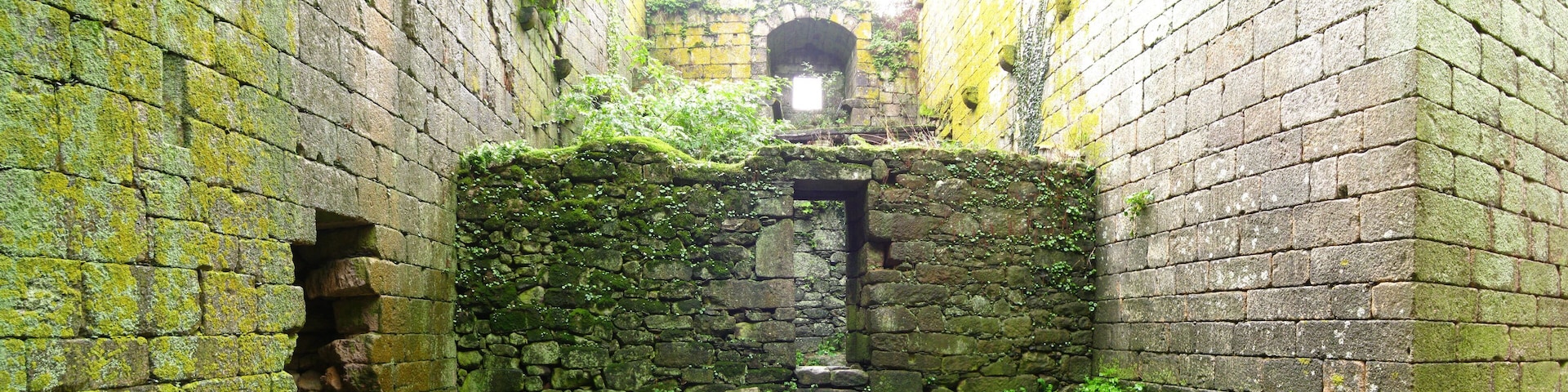 A narrow stone passageway with moss-covered walls and a small arched opening at the end.