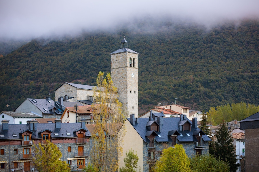 Biescas village in Huesca Aragon Pyrenees of Spain in foggy morning