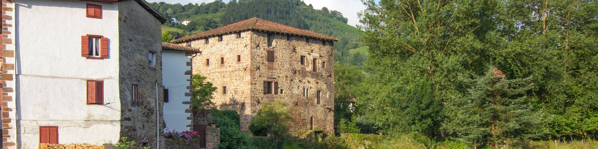 beautiful rural houses along the River in the Pyrenees, Etxalar,
