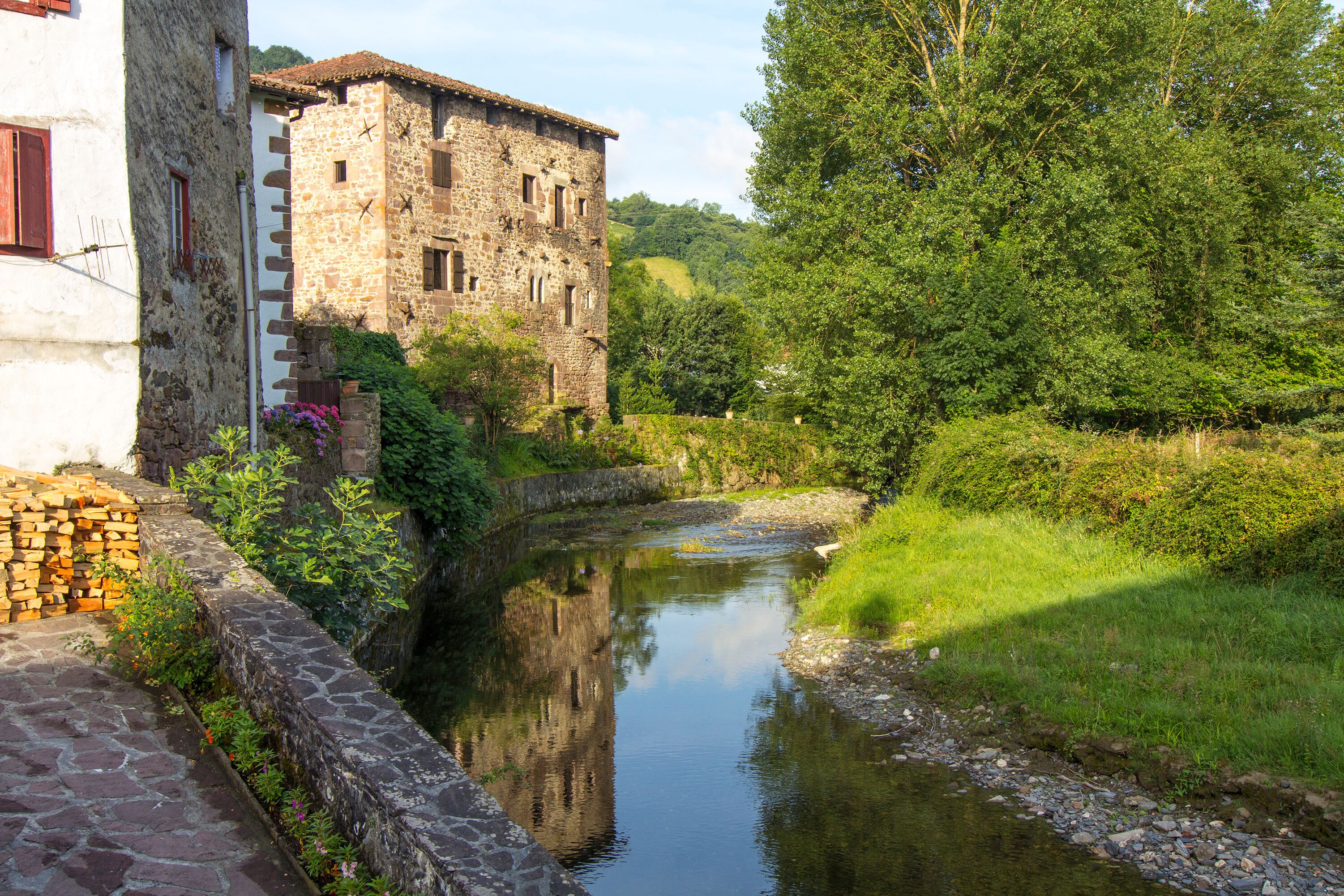 beautiful rural houses along the River in the Pyrenees, Etxalar,