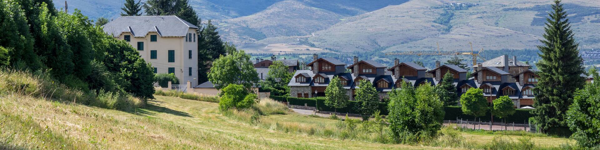 Landscape of the field and Pyrenees mountains in summer, in Alp, Girona, Catalonia, Spain