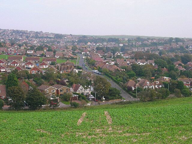 Happy Valley, Woodingdean. Looking east from the bridlepath that follows the ridge of the downs. The road junction that can be seen is that of Falmer Road (B2133) and Briarcroft Road. The square ends just beyond the end of Briarcroft Road.