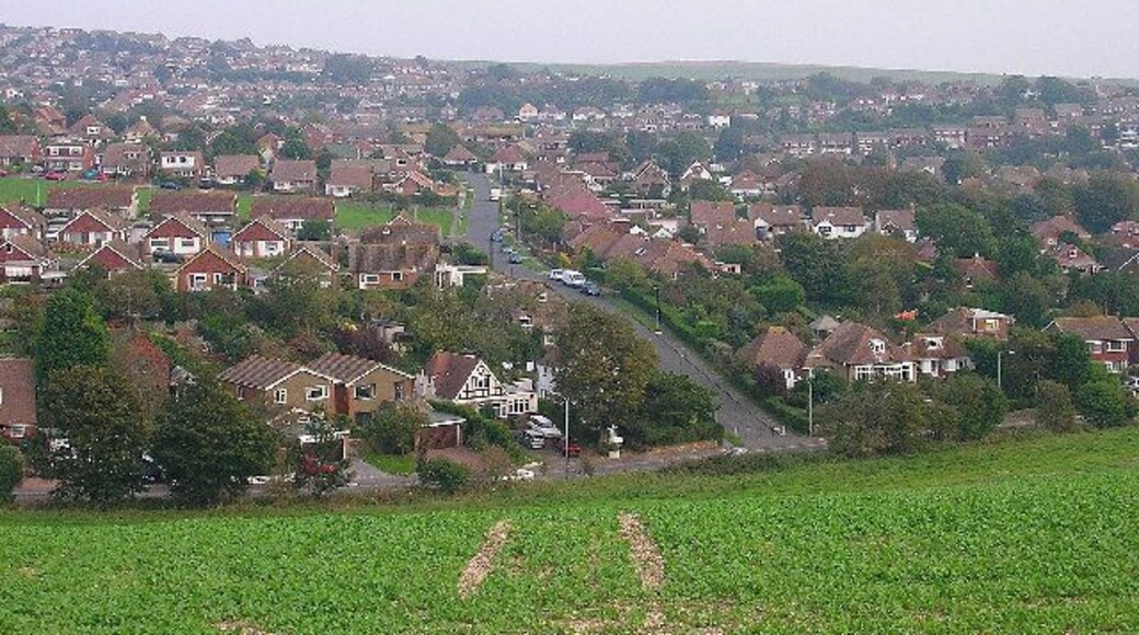 Happy Valley, Woodingdean. Looking east from the bridlepath that follows the ridge of the downs. The road junction that can be seen is that of Falmer Road (B2133) and Briarcroft Road. The square ends just beyond the end of Briarcroft Road.