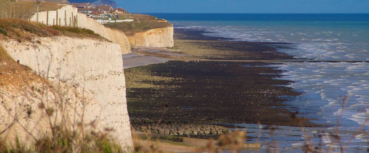 A coastal landscape with cliffs, a beach, and a village.