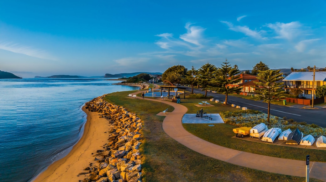 Paesaggio costiero con un litorale roccioso, un percorso pedonale lastricato e una fila di case.