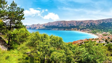 Panorama view over the natur, coast and the town of Baska on the island of Krk. Beautiful romantic summer scenery on the Adriatic Sea. Croatia. Europe.