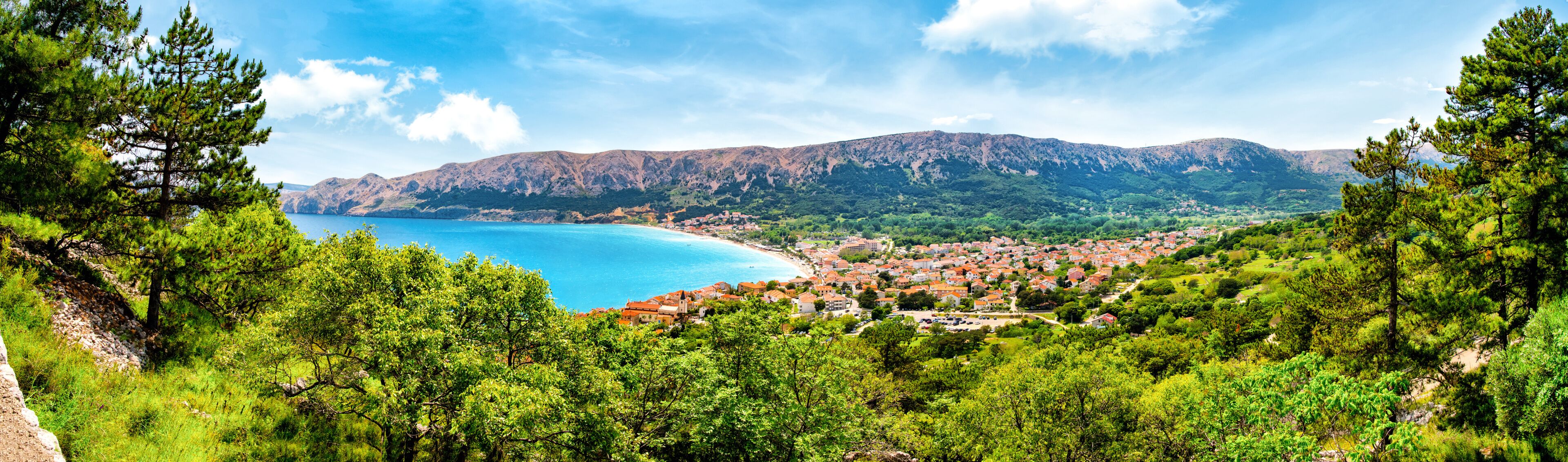 A coastal town with a mountain backdrop, surrounded by dense greenery.