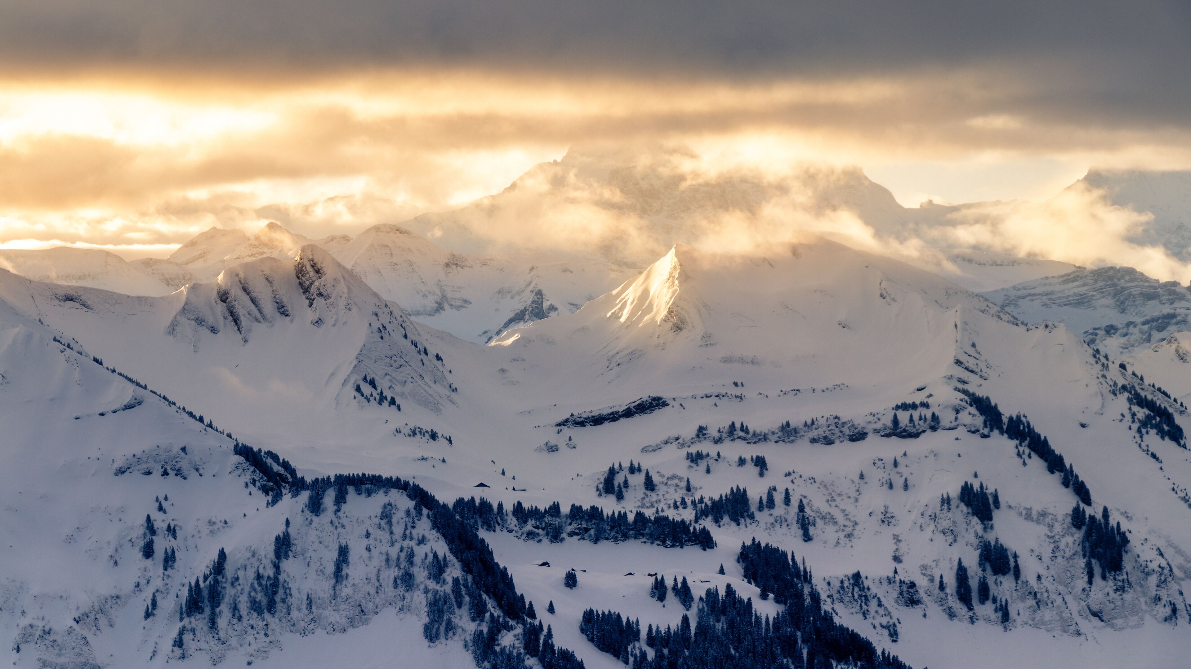 A snow-covered mountain range with a prominent peak and dense forests at its base.