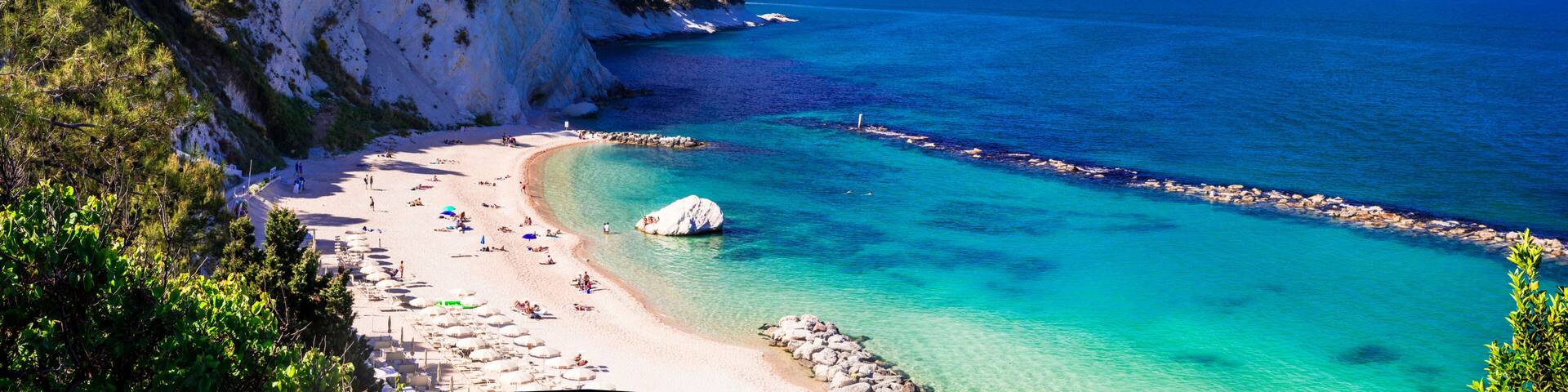 Italy summer holidays, best scenic sea landscape and beaches of Riviera del Conero- natural park near Ancona. View of picturesque beach Spiaggia del Frate