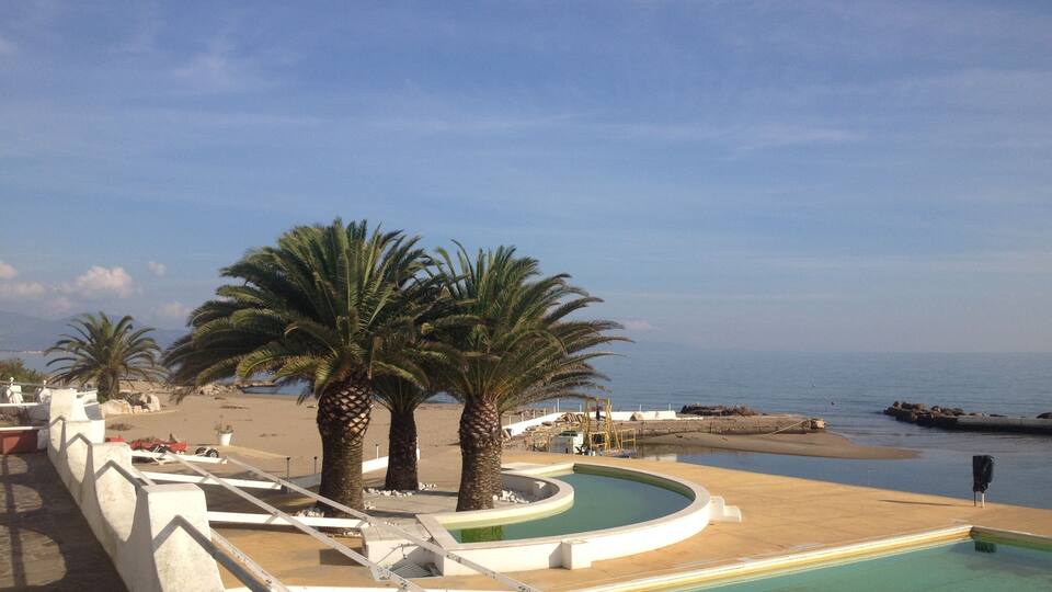 A pool area with palm trees and a view of the sea.
