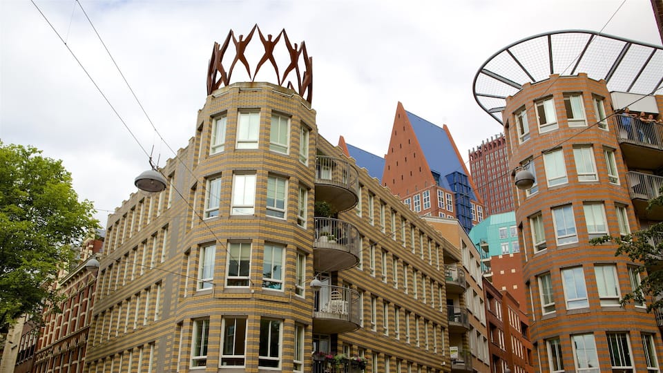 A row of uniquely designed buildings with distinctive architectural features.