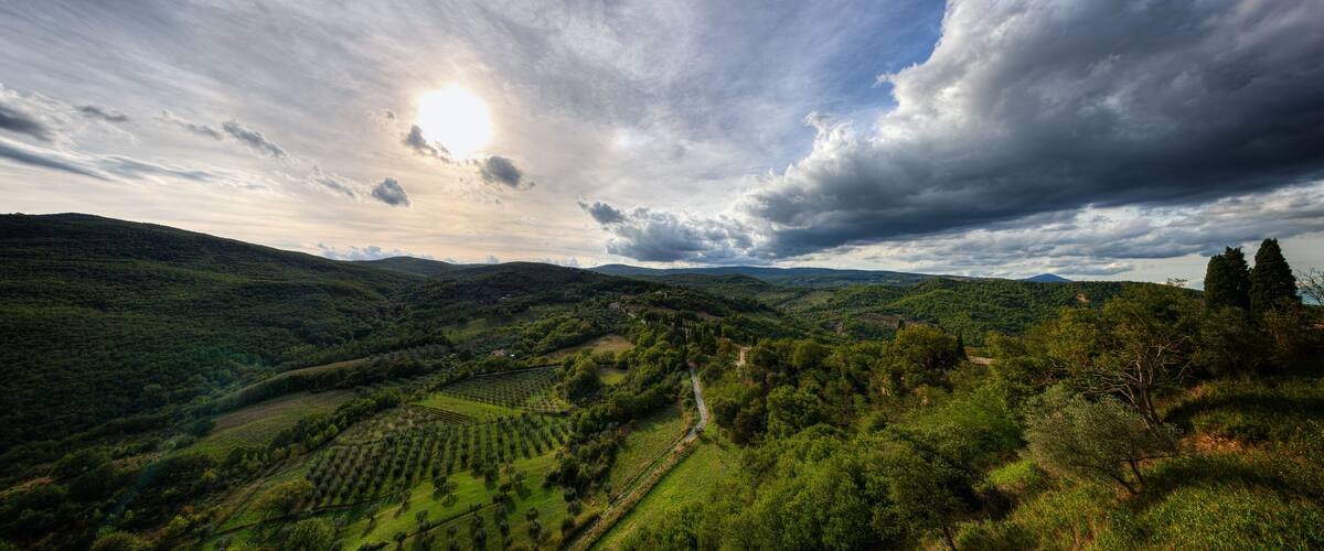A lush valley with terraced fields and rolling hills under a partly cloudy sky.
