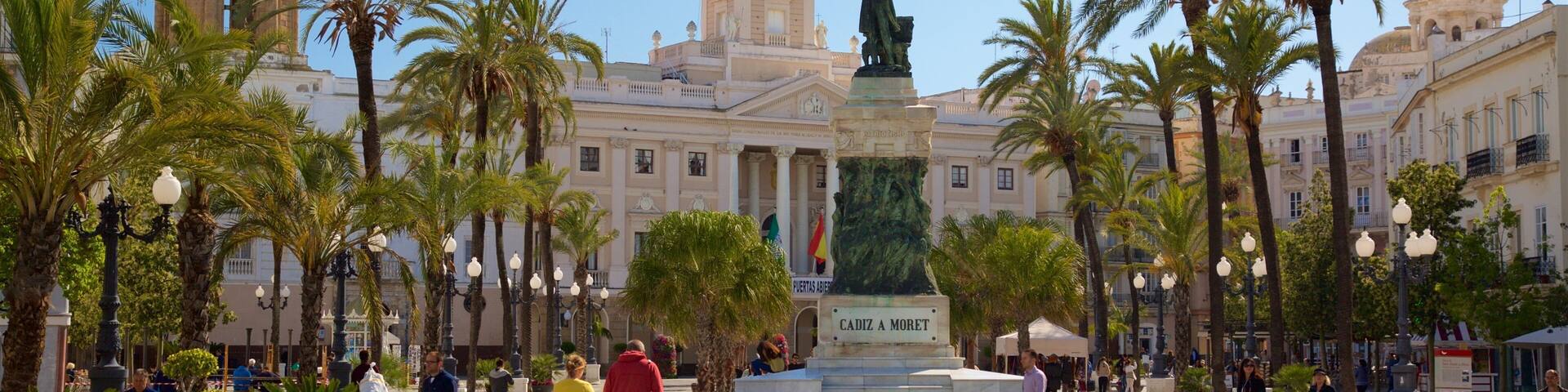 Cádiz mostrando una plaza y una fuente
